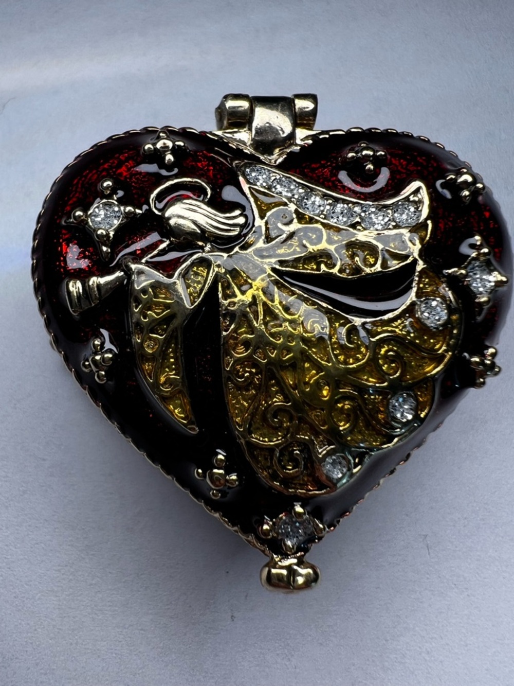 Collectible Monet Enamel Red Gold Angel Heart Trinket Box Vintage In Box - Picture 14 of 17